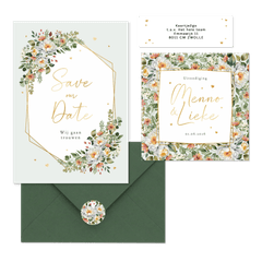 Trouwkaarten romantisch stijlvol bloemen klassiek boeket hartjes