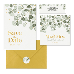 Trouwset eucalyptus groene achtergrond goud