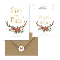 Trouwset hertengewei bloemen hartjes goud