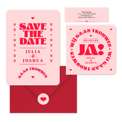 Trouwkaarten set modern typografisch romantisch hip roze rood