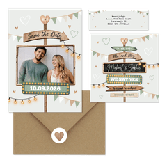 Festival thema trouwset met houten wegwijzers