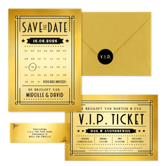 Trouwkaartenset VIP ticket goud