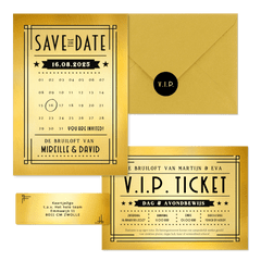 Trouwkaartenset VIP ticket goud