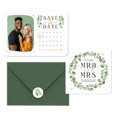 Trouwkaarten set eucalyptus stijlvol hip modern hartjes goud romantisch