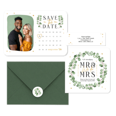 Trouwkaarten set eucalyptus stijlvol hip modern hartjes goud romantisch