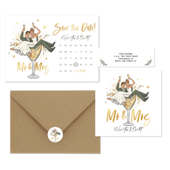 Grappig - trouwkaarten cartoon bruidspaar champagne