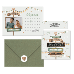 Festival thema trouwset met houten wegwijzers