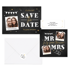 Trouwkaartenset krijtbord stoer goud foto's