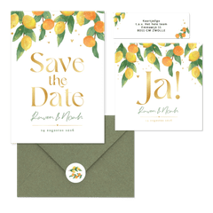 Trouwkaarten mediterrane zomer citroenen mandarijnen fris waterverf goud