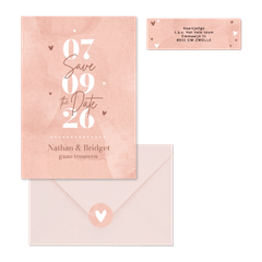 Trouwkaarten roze waterverf hip hartjes ticket