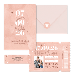 Trouwkaarten roze waterverf hip hartjes ticket