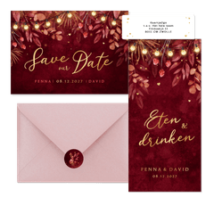 Trouwkaarten romantisch rood lampjes takjes hartjes