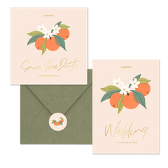 Zomerse trouwset met sinaasappels en goudfolie