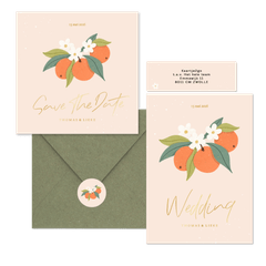 Zomerse trouwset met sinaasappels en goudfolie