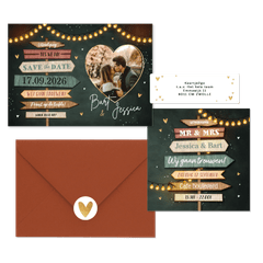 Trouwkaarten set festival wegwijzers hout lampjes