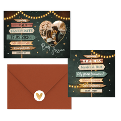 Trouwkaarten set festival wegwijzers hout lampjes