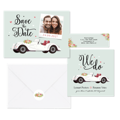 Vintage oldtimer trouwauto bloemen hartjes