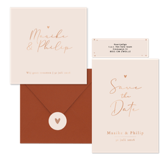 Trouwkaarten set stijlvol goud minimalistisch romantisch hartje koper.