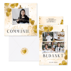 Stijlvolle set communiekaarten harten watercolour goud hartjesconfetti