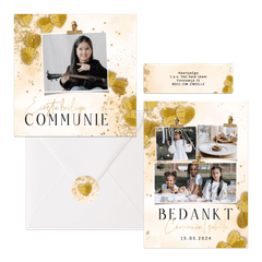 Stijlvolle set communiekaarten harten watercolour goud hartjesconfetti