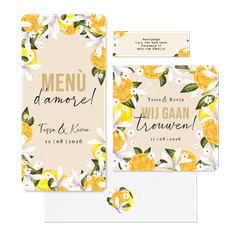 Botanisch zomerse trouwhuisstijl Mediterranee met geschilderd fruit en bloemen