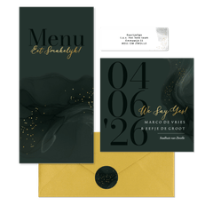 Trouwkaartenset soft groen en spetters goud