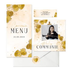 Stijlvolle set communiekaarten harten watercolour goud hartjesconfetti