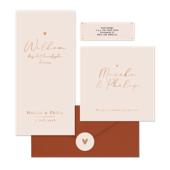 Trouwkaarten set stijlvol goud minimalistisch romantisch hartje koper.