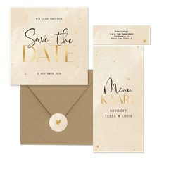 Trouwen steenlook beige gouden hartjes stipjes