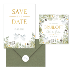 Trouwkaarten set botanisch met witte duiven