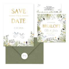 Trouwkaarten set botanisch met witte duiven