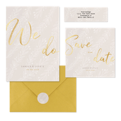 Moderne beige trouwset met takjes en goud