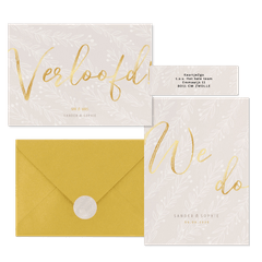 Moderne beige trouwset met takjes en goud