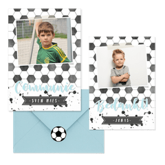 Stoere communiekaarten met voetbalprint en foto
