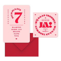 Trouwkaarten set modern typografisch romantisch hip roze rood