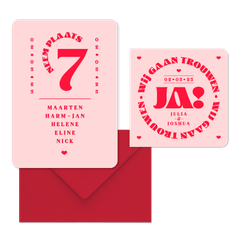 Trouwkaarten set modern typografisch romantisch hip roze rood