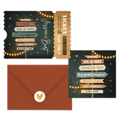 Trouwkaarten set festival wegwijzers hout lampjes