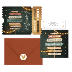 Trouwkaarten set festival wegwijzers hout lampjes