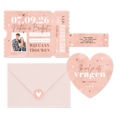 Trouwkaarten roze waterverf hip hartjes ticket