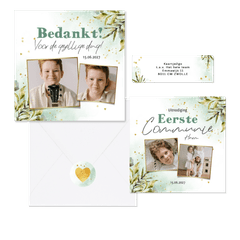 Stijlvolle set communiekaarten botanische bladeren watercolour en goud