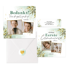 Stijlvolle set communiekaarten botanische bladeren watercolour en goud