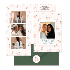 Trouwset met vrolijke kersjes in oranje roze en groen