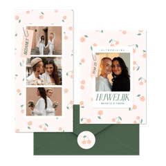 Trouwset met vrolijke kersjes in oranje roze en groen