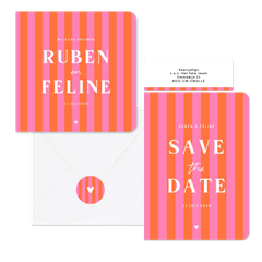 Hip en trendy trouwset gestreept roze oranje hartje