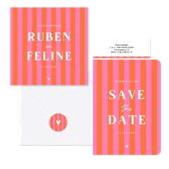 Hip en trendy trouwset gestreept roze oranje hartje