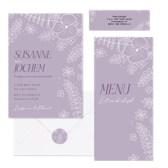 Lila trouwset met bloemen in witte lijnen