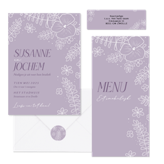 Lila trouwset met bloemen in witte lijnen