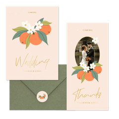 Zomerse trouwset met sinaasappels en goudfolie