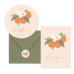 Zomerse trouwset met sinaasappels en goudfolie