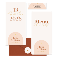 Moderne trouwkaarten met oranje boog en goudfolie